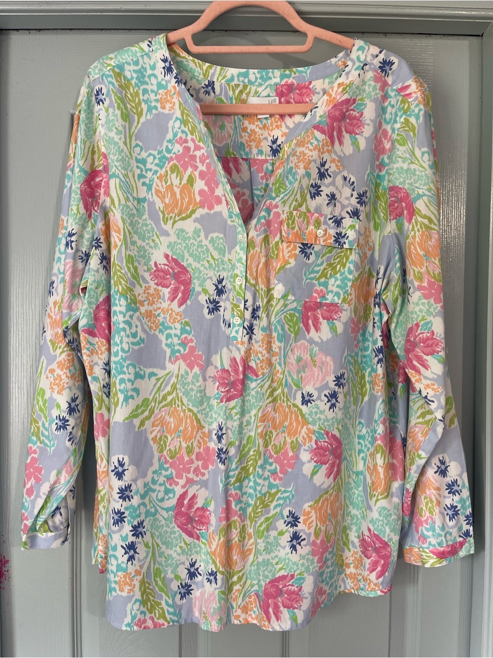 J. Jill Floral V-Neck Button Popover in Light Blue, Pink, Green, Orange
